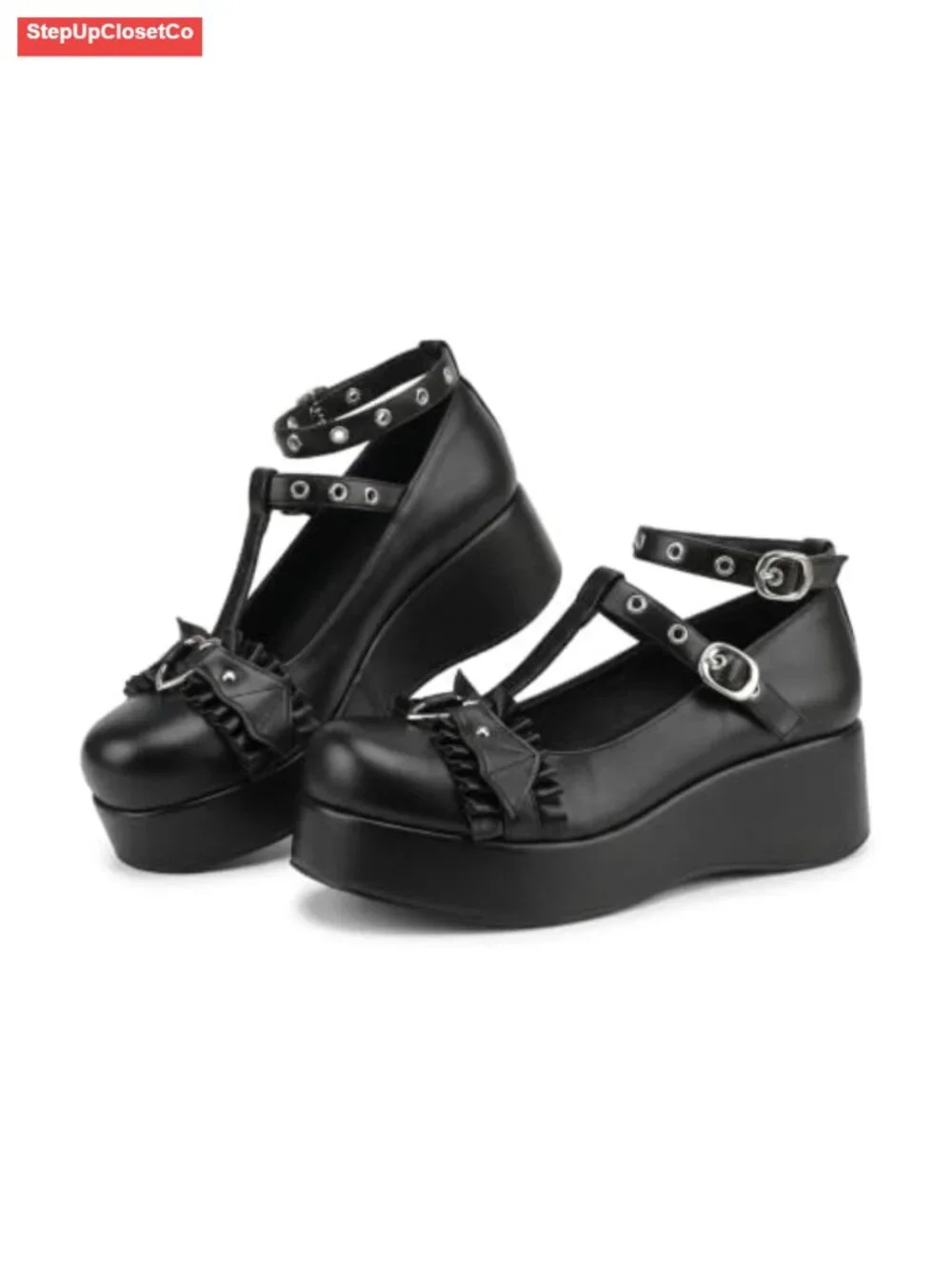 Goth Platform Mary Jane Pumps Ankle Strap Faux Leather Chunky Heel Shoes